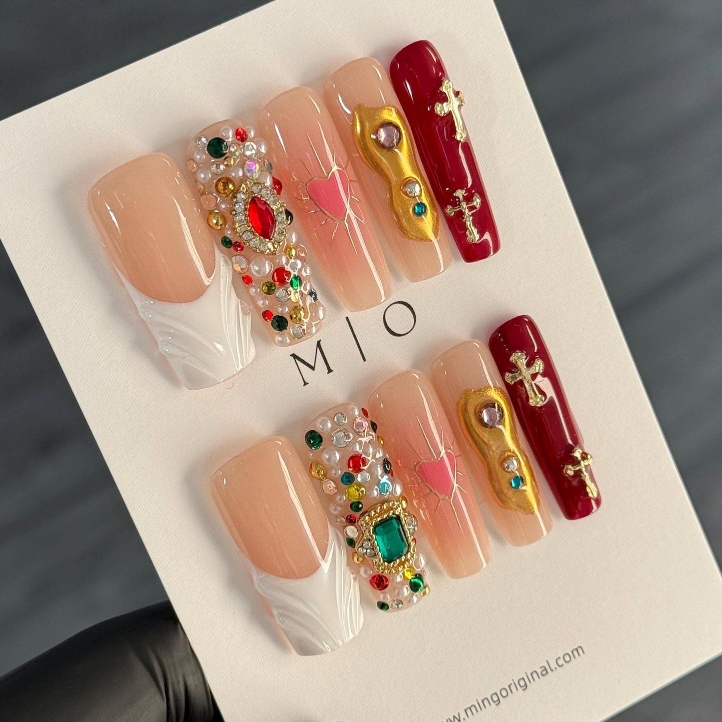 Luxury Bejeweled Custom Press on Nails, Pink Heart Gold Chrome free style multicolor rhinestone pearl handmade Nails, Vacation Nail MO463