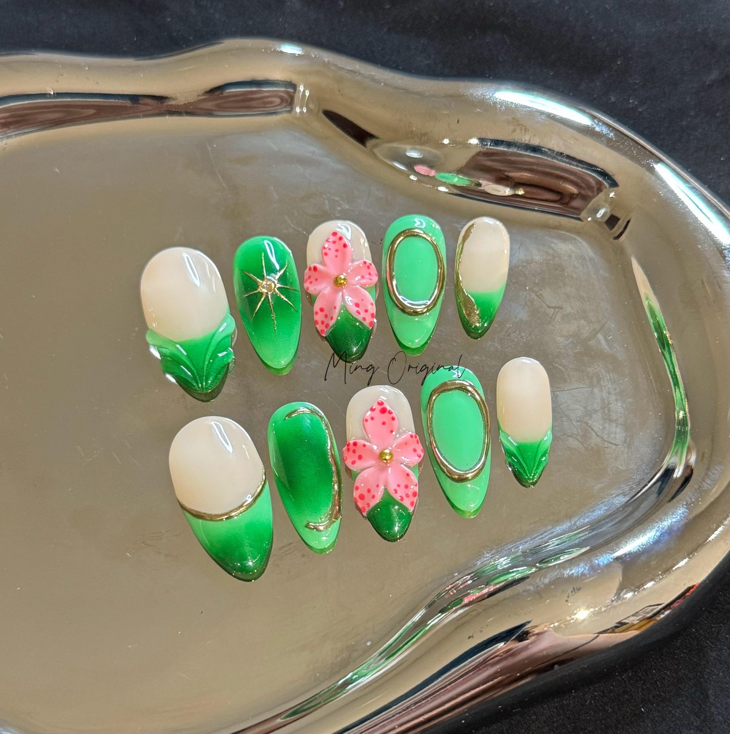 Fairycore wild pink flower Y2K chic French Tip press on nails, reusable nail, jelly fake nail, gift for her