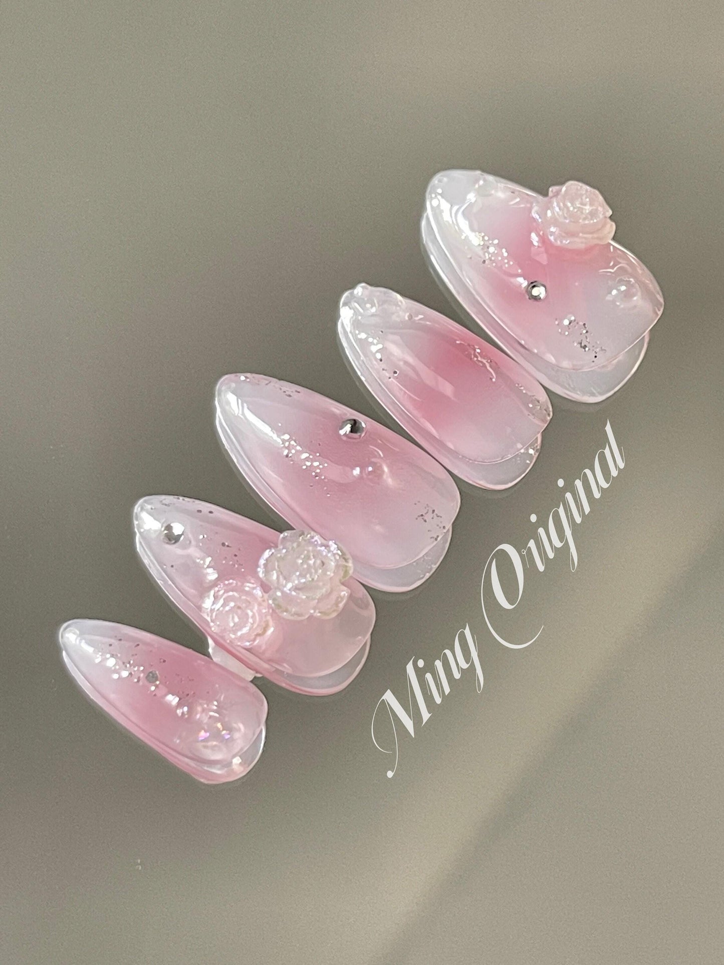 White Jelly crystal camellia flower pink ombre blush Press on Nails, glittery water blooming fake Nails, Gel Nails, jewel nail