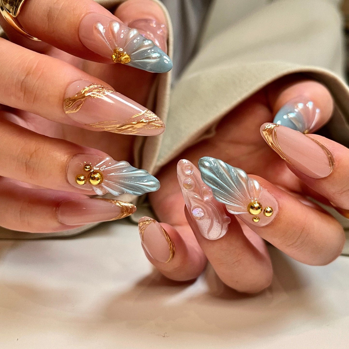 3D Y2K Pearlescent Aurora Blue Mermaid press on nails, Chrome Nail, Aura pearl reusable nail, jelly fake nail
