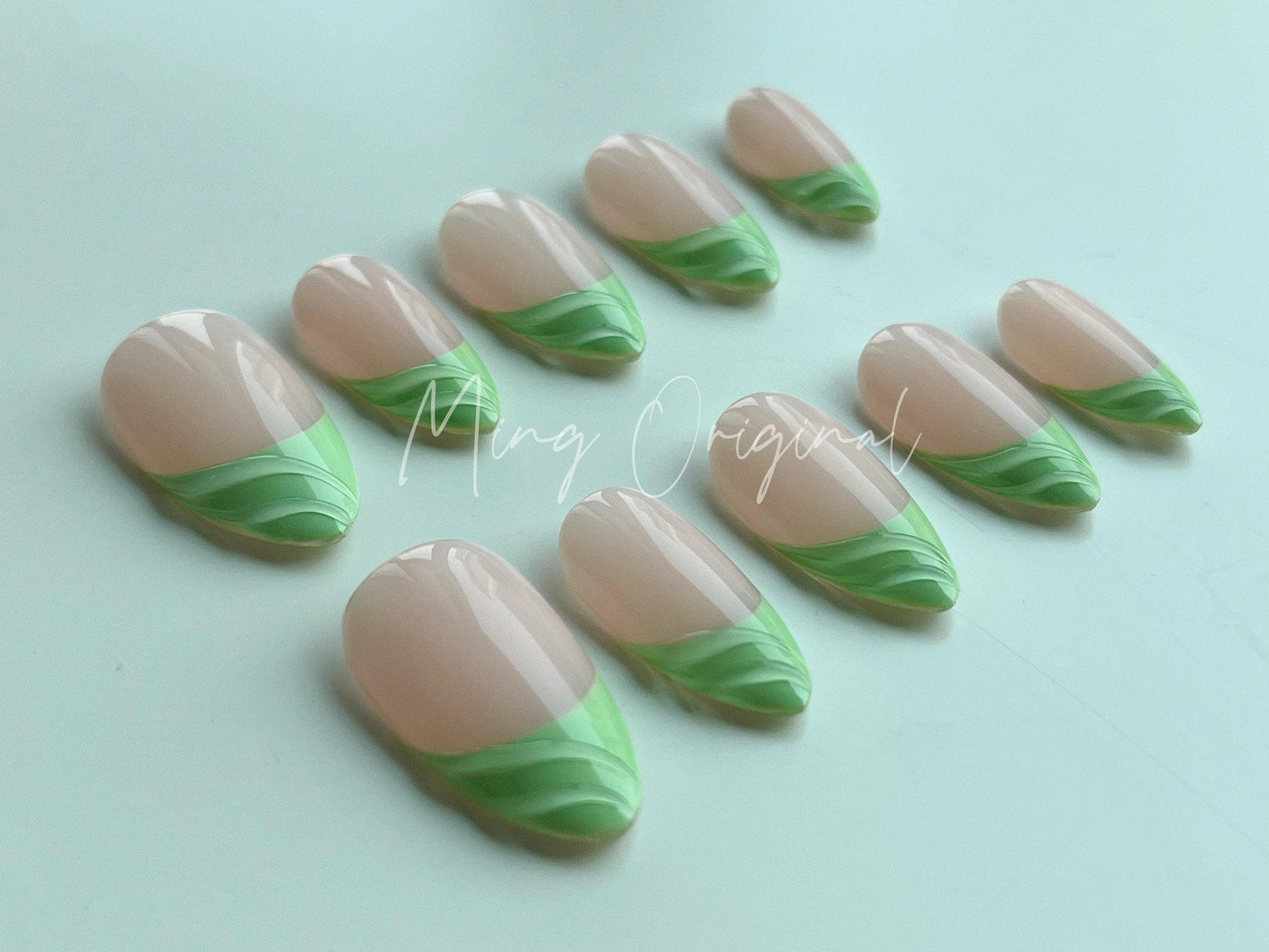 Summer Green Cute Free style 3d French Tip press on nail, gift for her