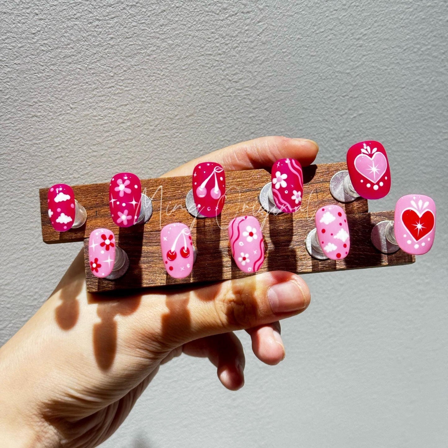 Cute Free style pink heart Press on Nails, colorful cherry flower, girly cloud nail, hand painted Nails,