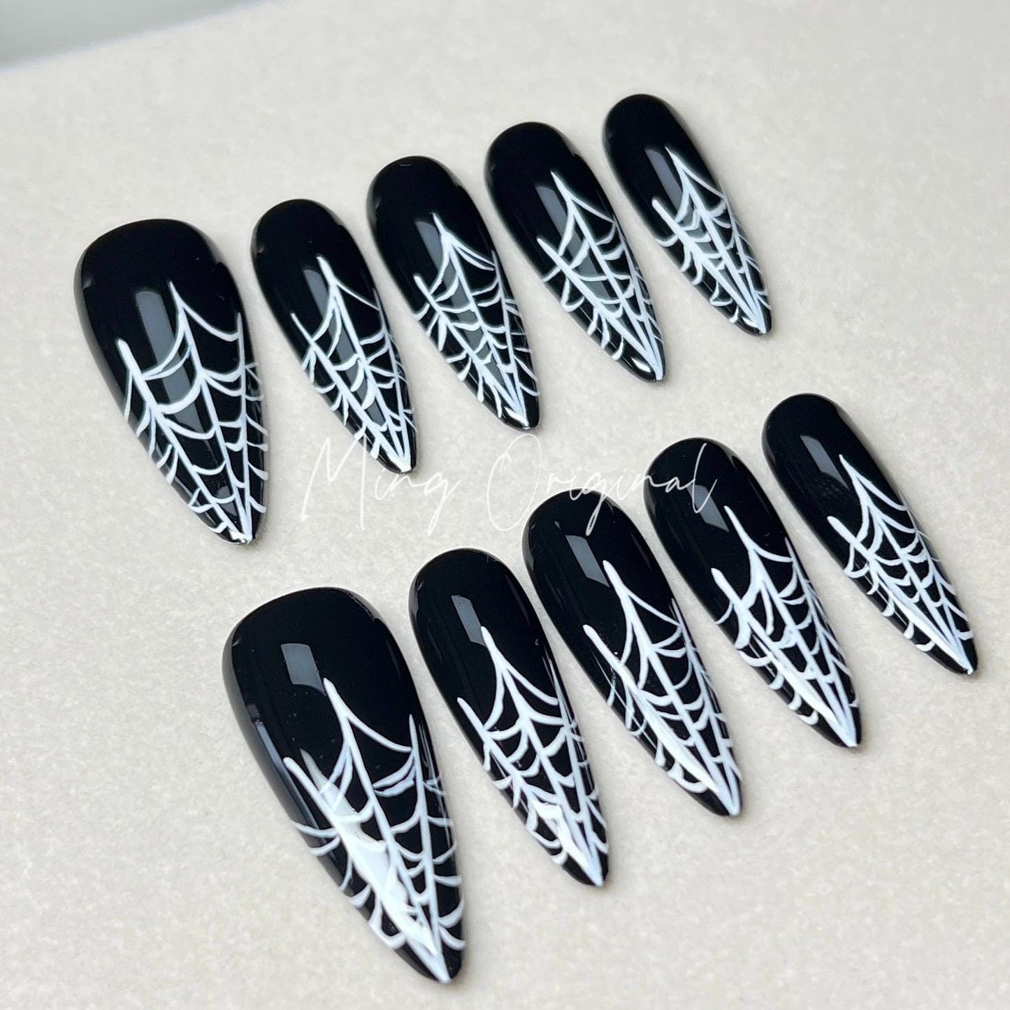 Halloween Spooky Spider Web Gothic White Line press on nail, hand painted abstract line y2k nail, custom made fake nail, black nail