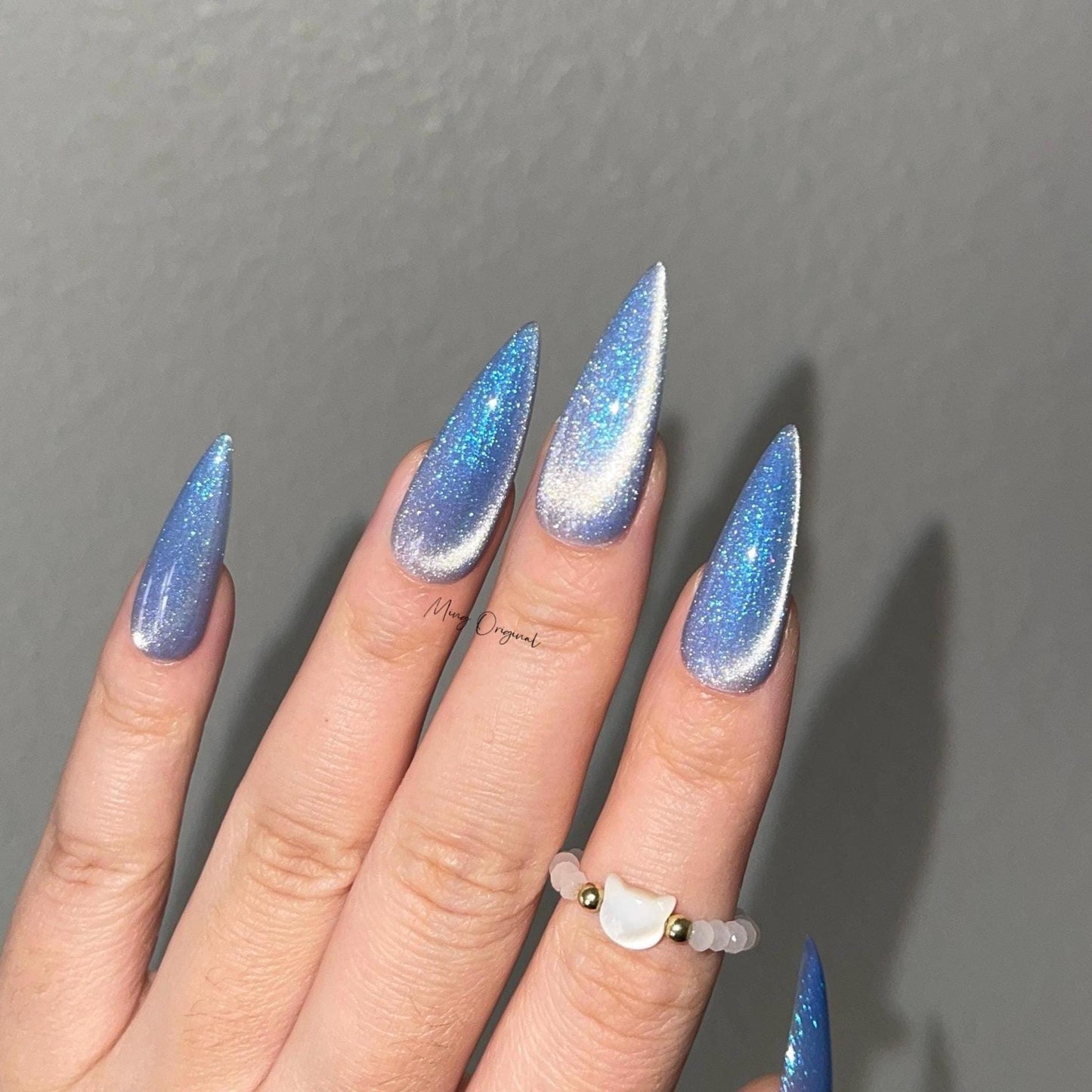 Blue Galaxy light blue cat eye press on nails, blue glittery reuse nails, jelly fake nail, sparkly nail, valentine gift for her,MO379