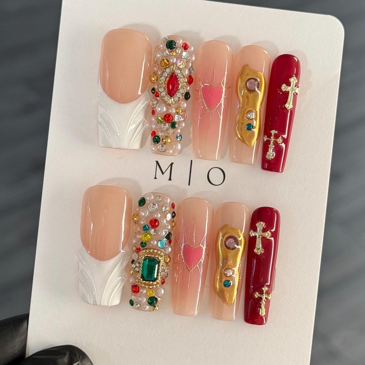 Luxury Bejeweled Custom Press on Nails, Pink Heart Gold Chrome free style multicolor rhinestone pearl handmade Nails, Vacation Nail MO463