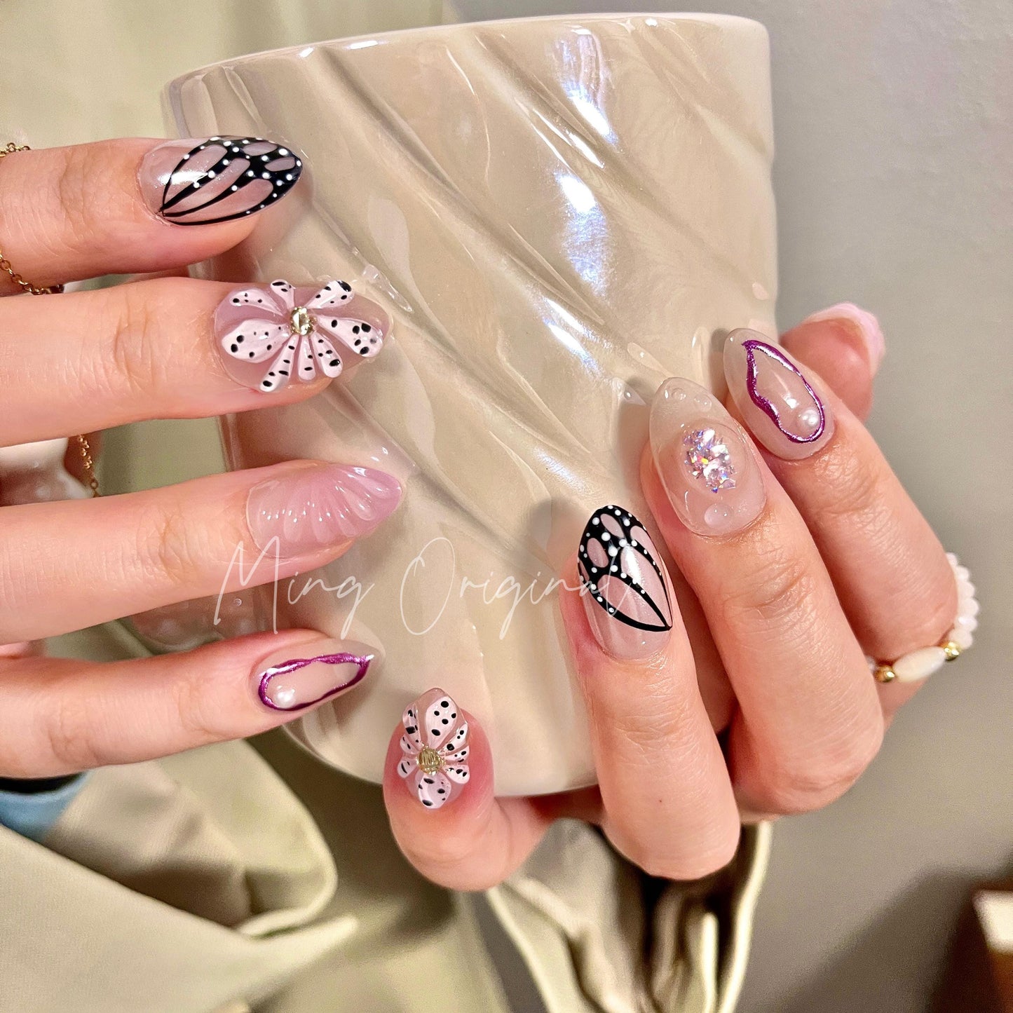 Butterfly wings and Purple Orchid flowers press on art nail, 3D floral nail, summer nail