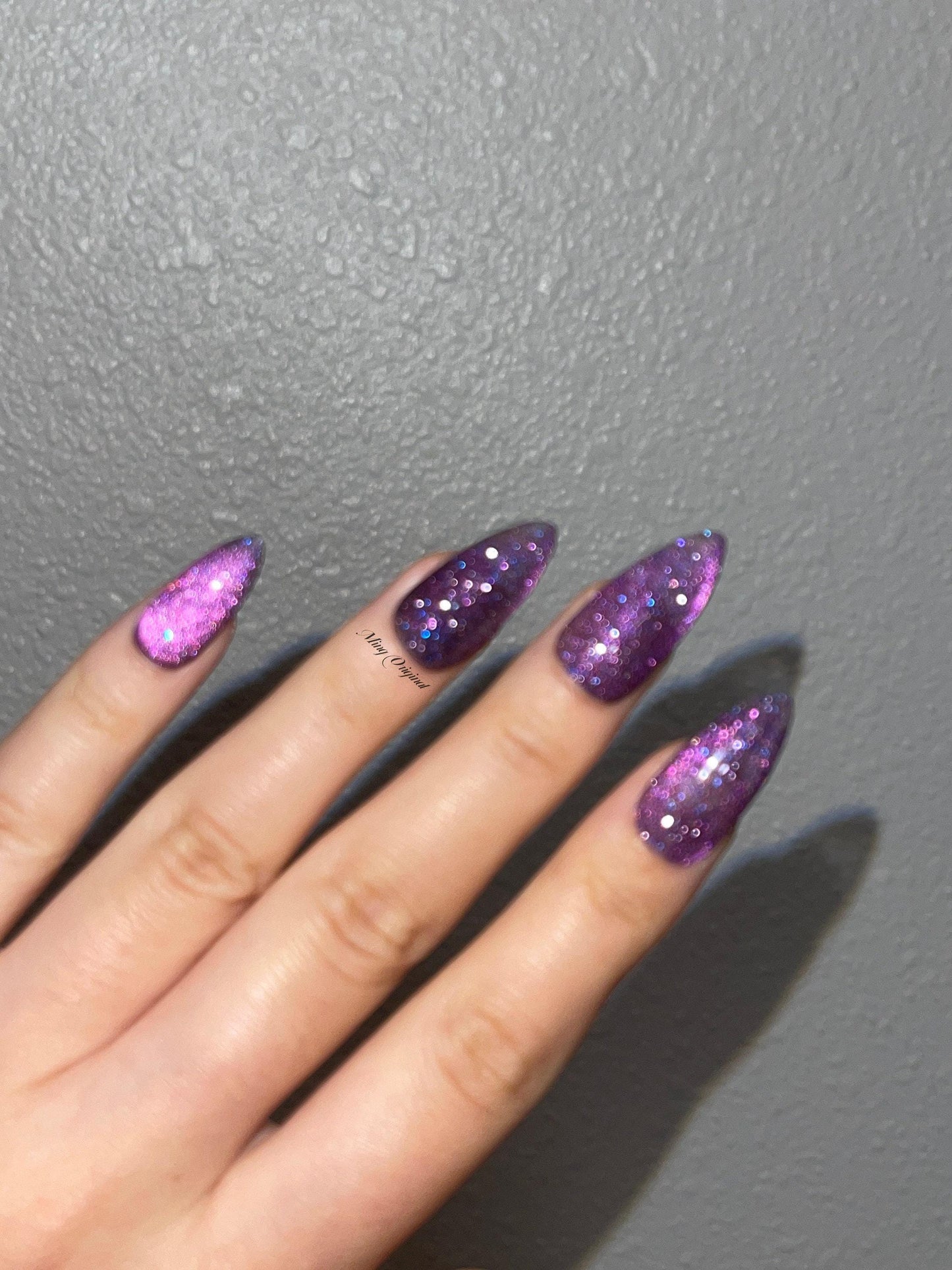 Purple galaxy reflective glitter nail,cat eye press on nails, glue on nails, reuse nails, jelly fake nail, sparkly shine gel nail