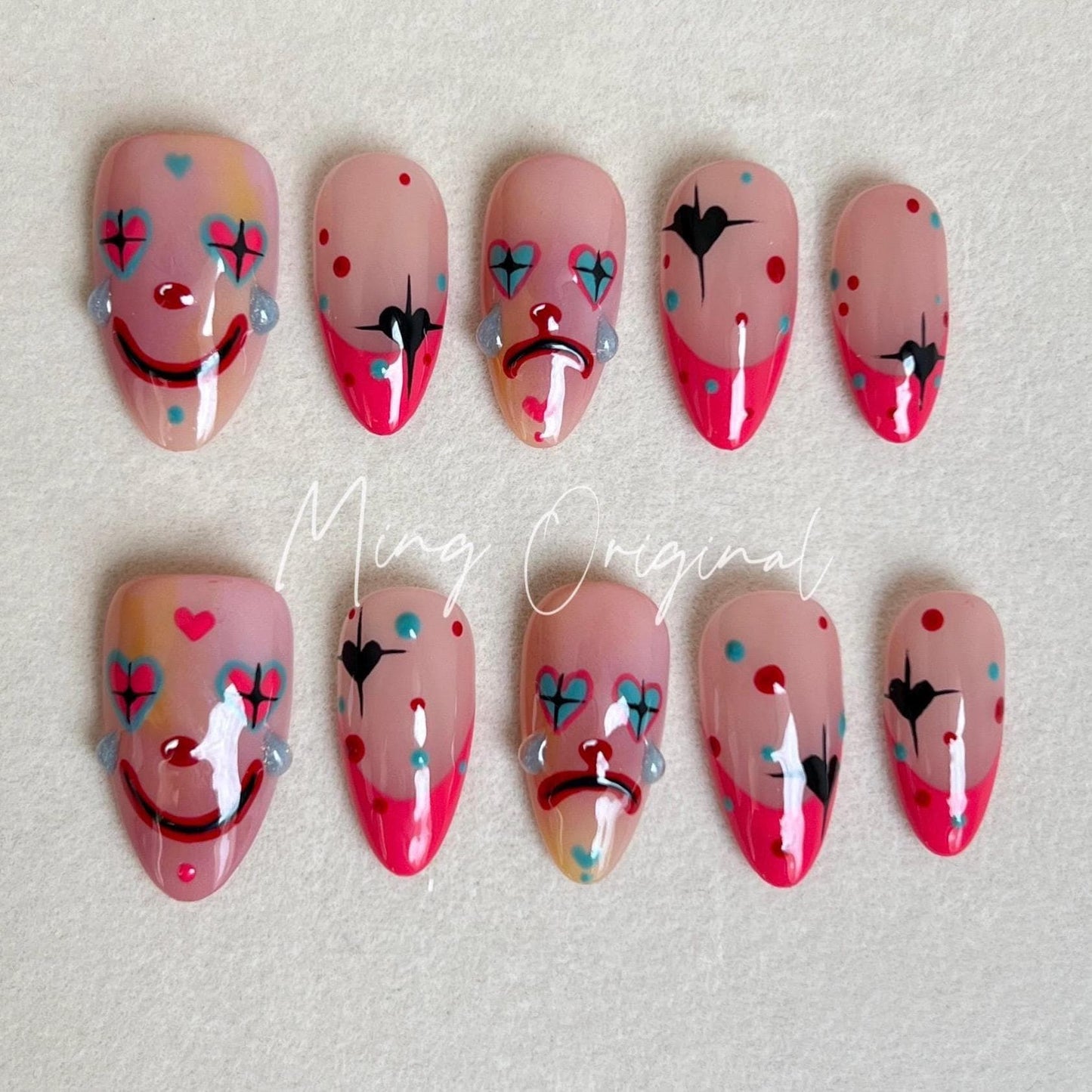 Da Joker | Halloween Spooky Almond Nail, Clown Lover press on nail, french tip nail, Custom Made Theme Trendy Fake nail, hot pink 3d nail