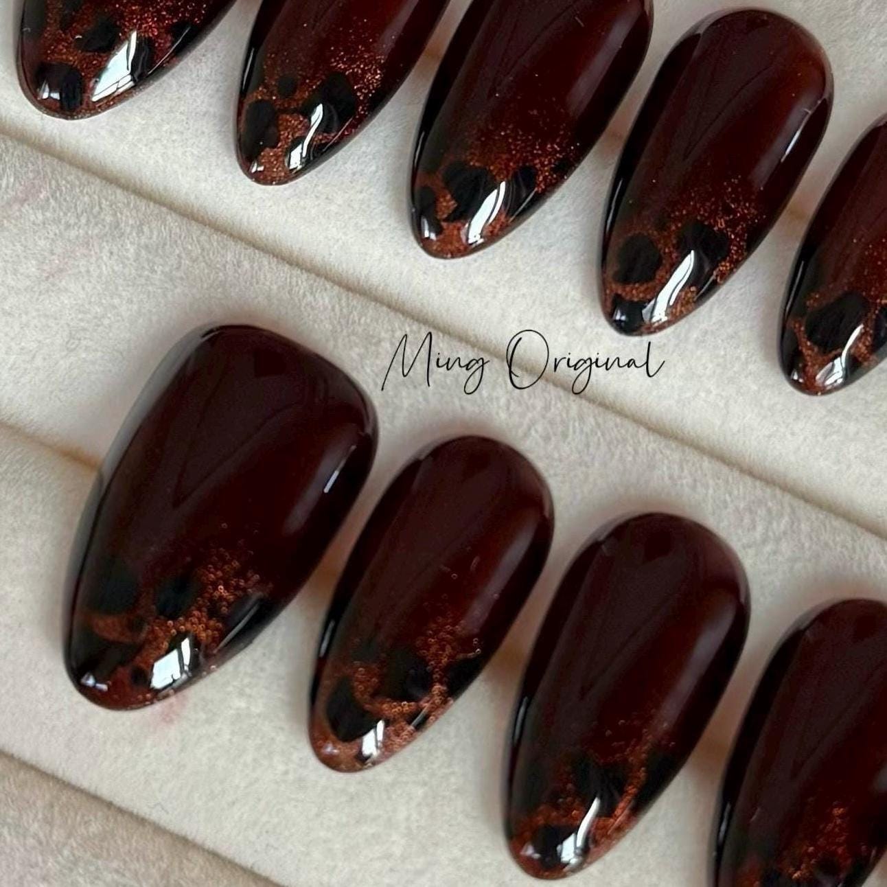 Ombre Cat Eye Amber Tortoise print Press on Nails, Brown ombre tip nail, minimalist winter nail,gift for her,MO365