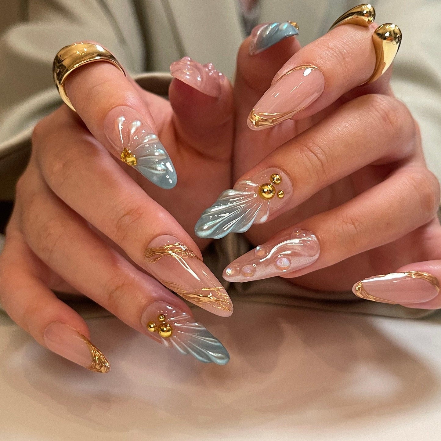 3D Y2K Pearlescent Aurora Blue Mermaid press on nails, Chrome Nail, Aura pearl reusable nail, jelly fake nail