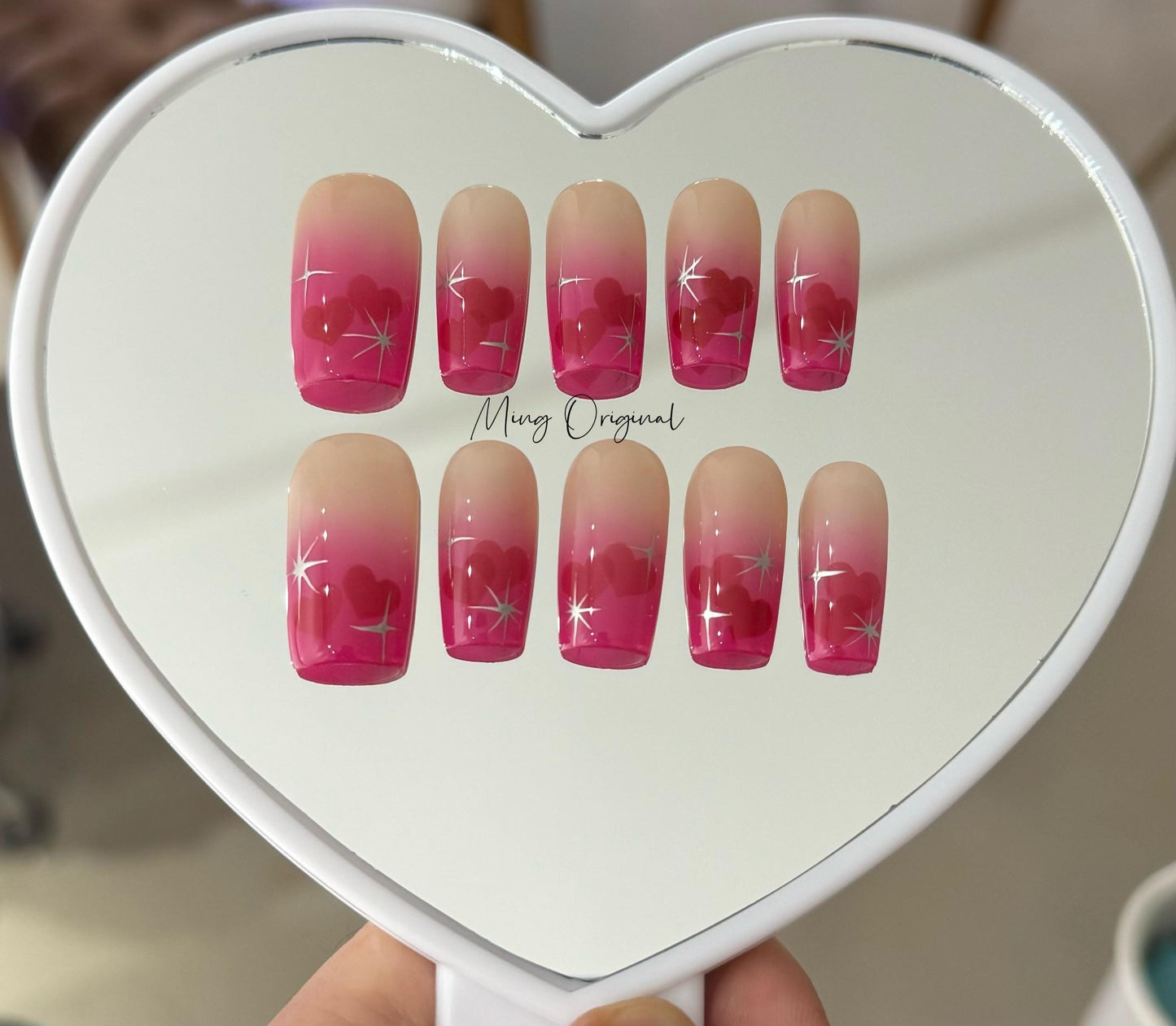 Hot pink sweetheart Press on Nails, hand painted free style silver chrome star glue on Nails, handmade holiday birthday gift for her MO315