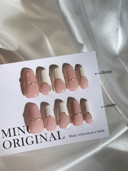 Pink french tip chrome abstract acrylic and press on nail, Premium Hand paint Nails, Fake nails, Handmade milky jelly nail(updated version)