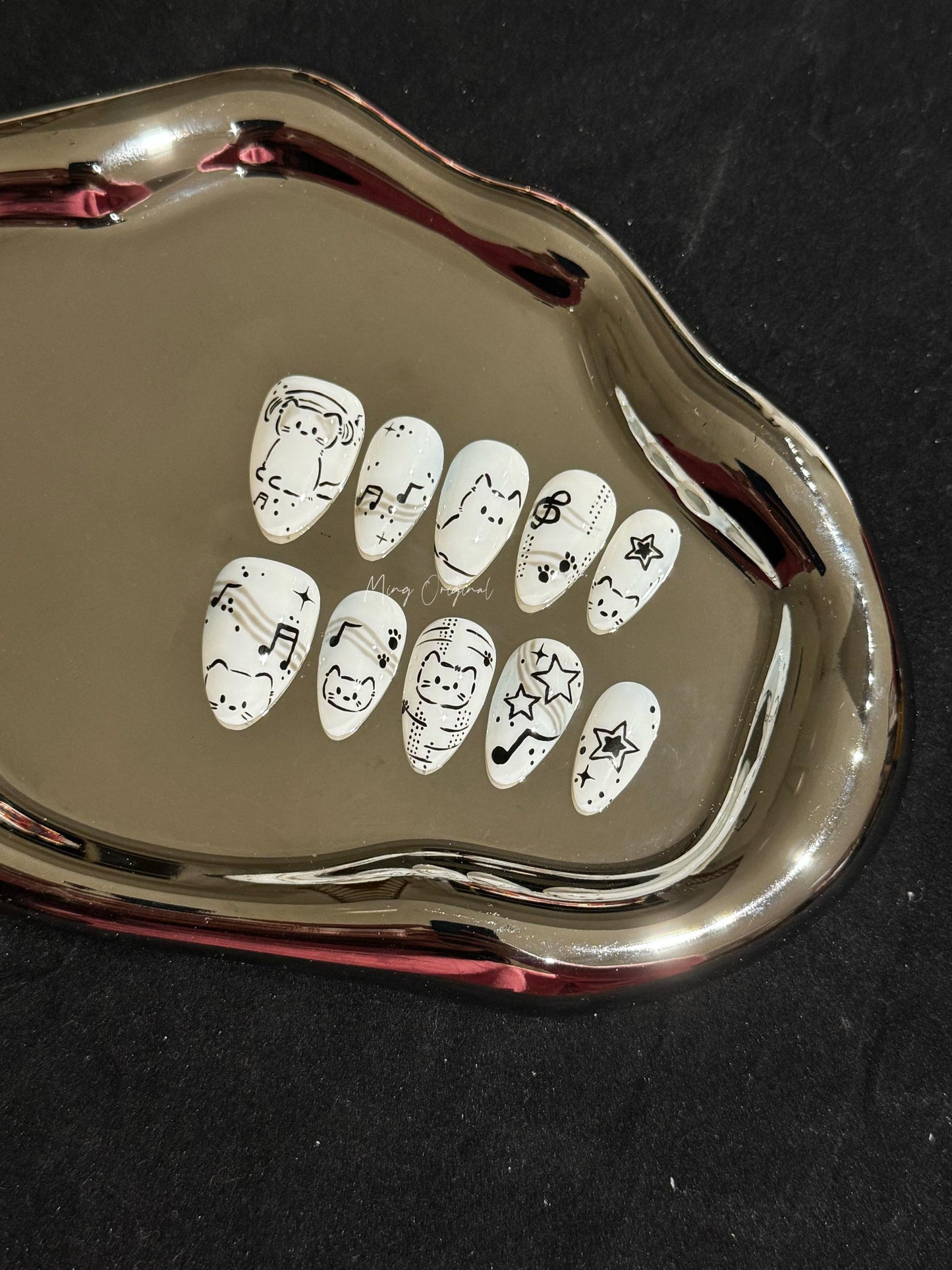Cute Kitten Rockstar press on nail, hand draw custom nail, kitty lover fake nail, gift for her,MO246