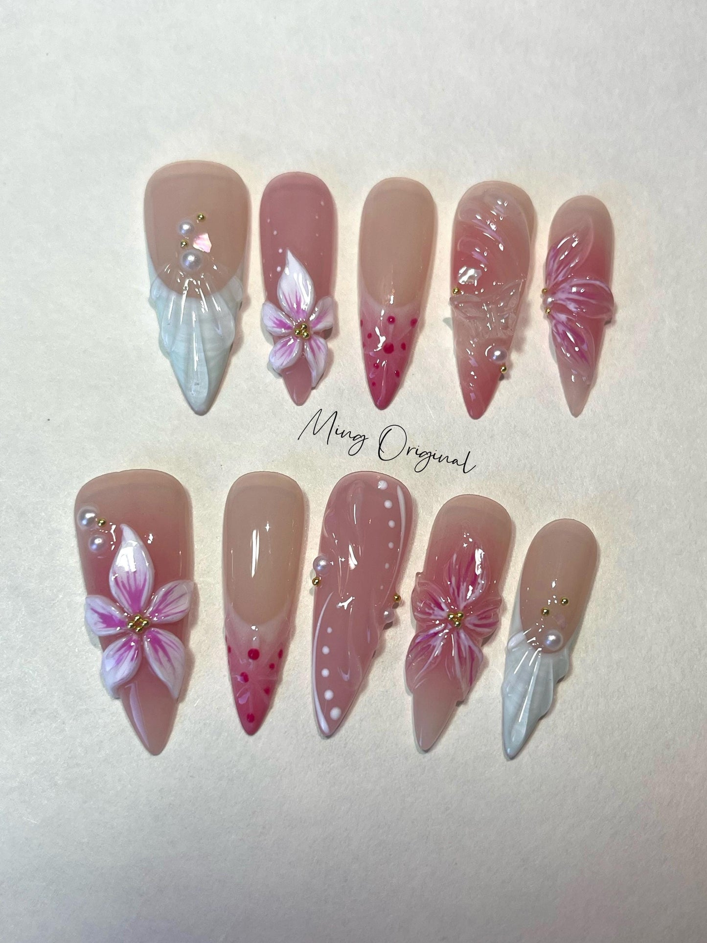 Pink 3D sculptured flower Press on Nails, Mermaid Seashell Nails, Clear Orchard Floral Nails, Jelly Nails, glue on nails, MO284