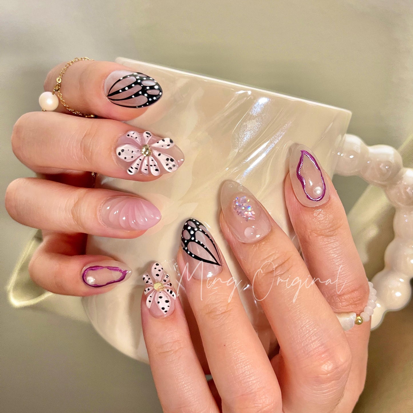 Butterfly wings and Purple Orchid flowers press on art nail, 3D floral nail, summer nail
