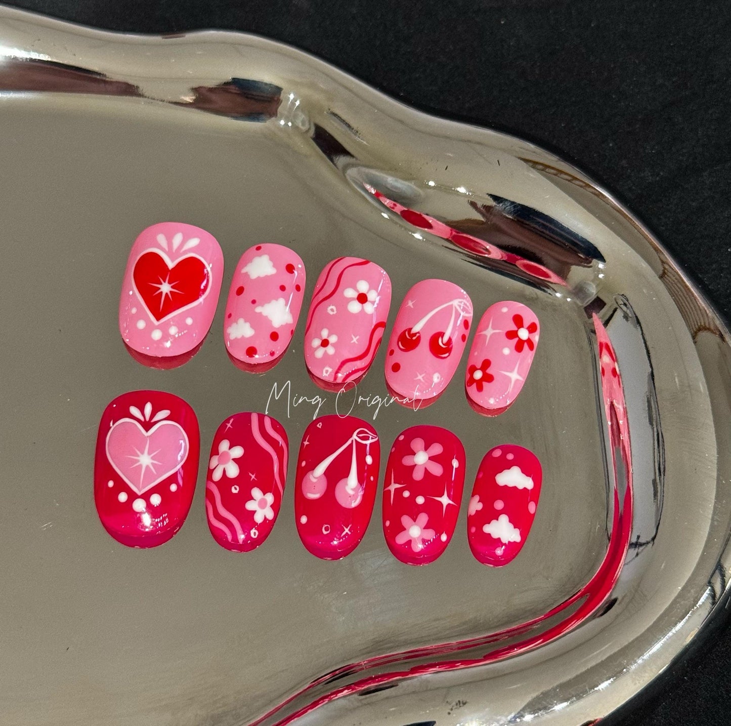 Cute Free style pink heart Press on Nails, colorful cherry flower, girly cloud nail, hand painted Nails,