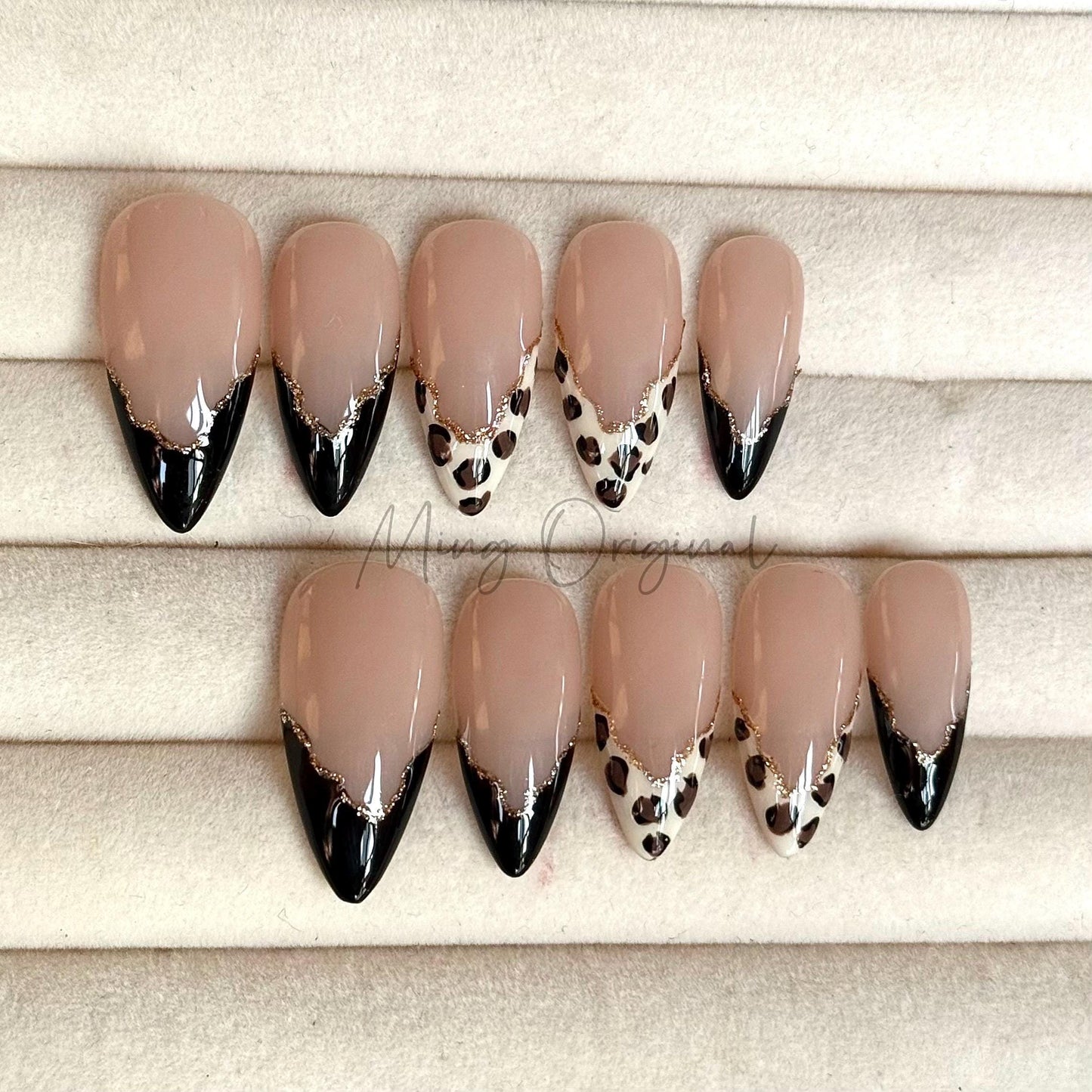 Simple Leopard Gold Line French Tip Press on Nails, animal print fake nails, black French glue on nail, holiday birthday gift for her,MO438