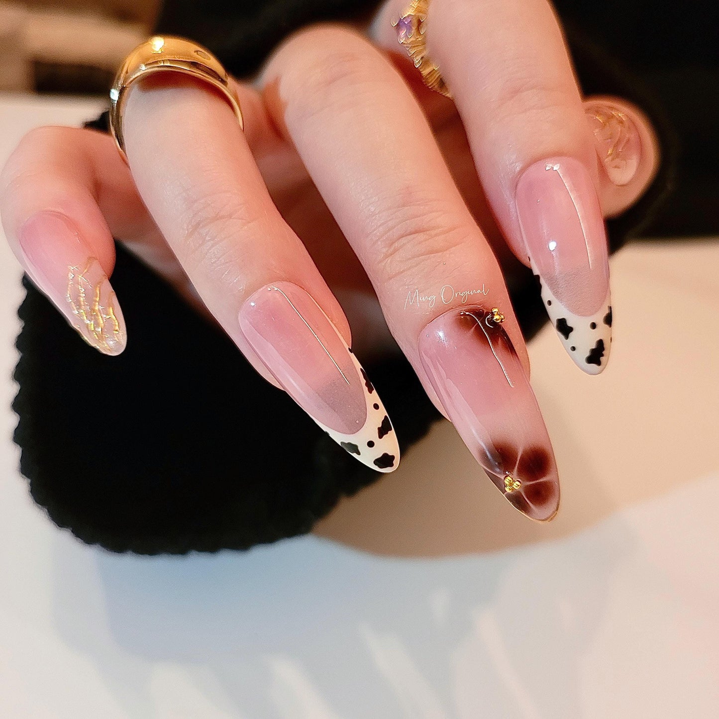 Soft Simple Autumn Brown flower press on Nail, leopard animal print French tip , gold chrome details, glue on nail, Gifts for Her, MO357