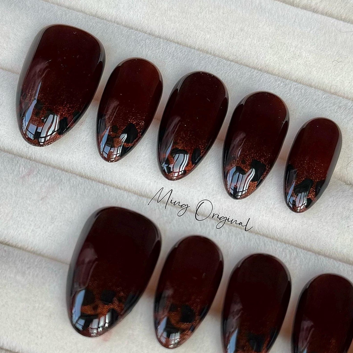 Ombre Cat Eye Amber Tortoise print Press on Nails, Brown ombre tip nail, minimalist winter nail,gift for her,MO365
