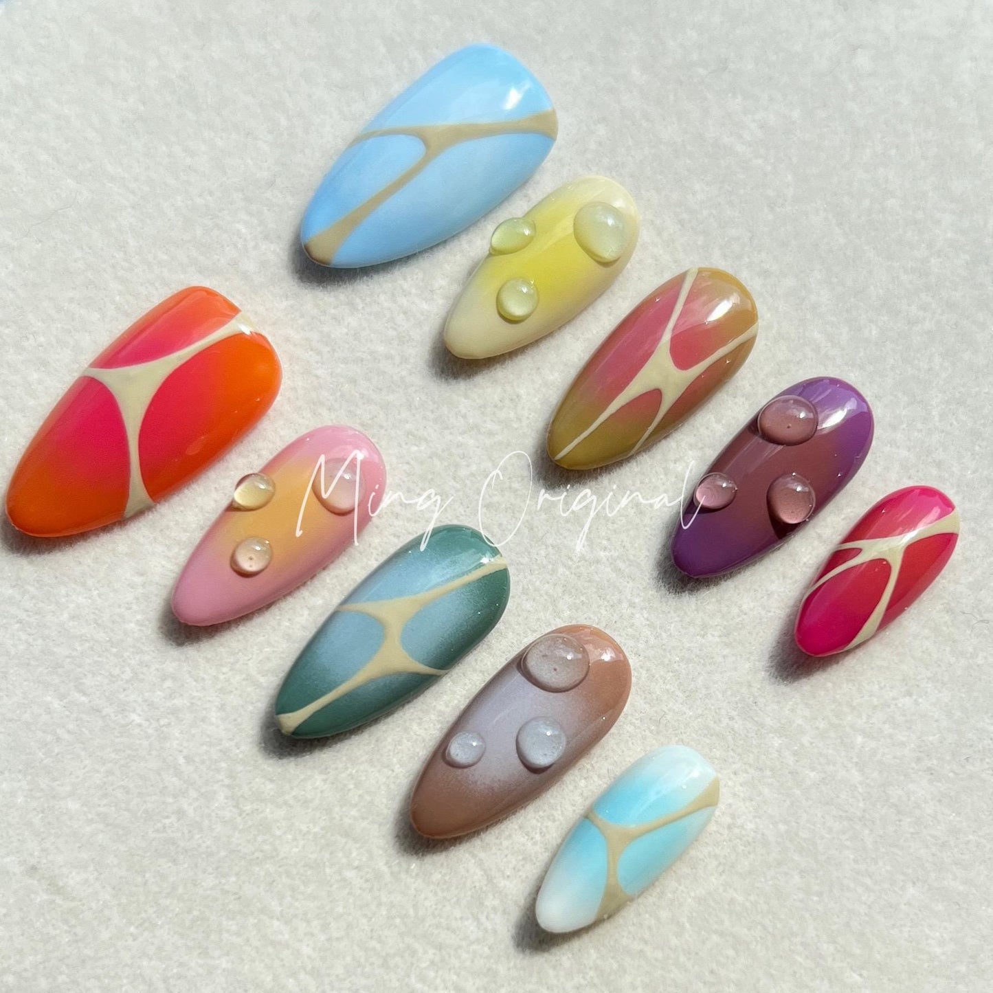 Free style autumn abstract line bubbly color airbrush 3d press on nails, Y2K, ombre color, reuse nails, ,hand painted candy color nail
