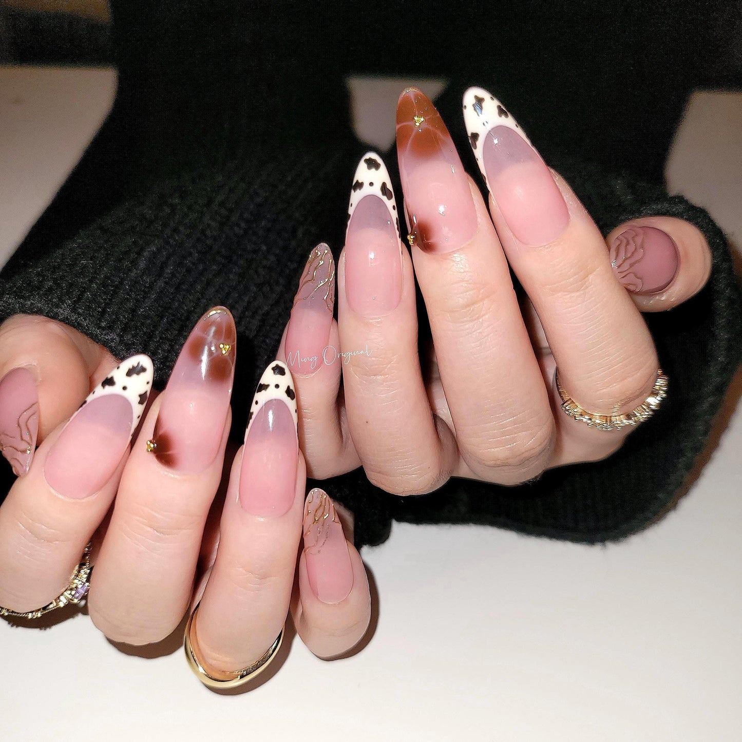 Soft Simple Autumn Brown flower press on Nail, leopard animal print French tip , gold chrome details, glue on nail, Gifts for Her, MO357