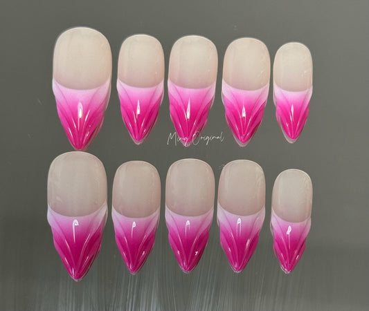 3D Free Style Hot Pink Mermaid press on nails, Vibrant color, ombre color, French tip, MO240