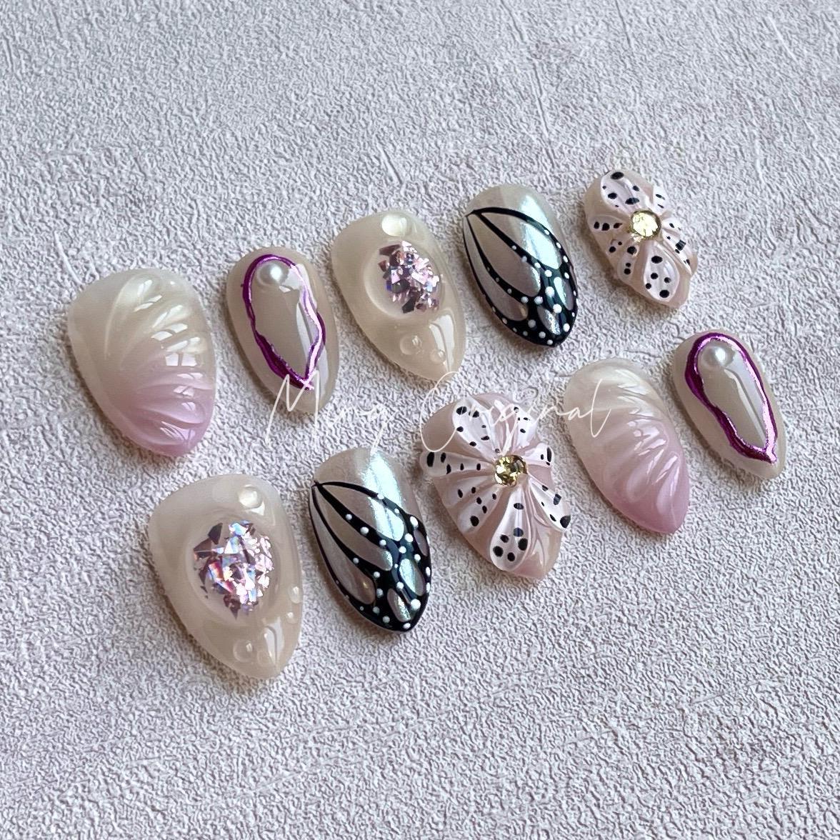 Butterfly wings and Purple Orchid flowers press on art nail, 3D floral nail, summer nail