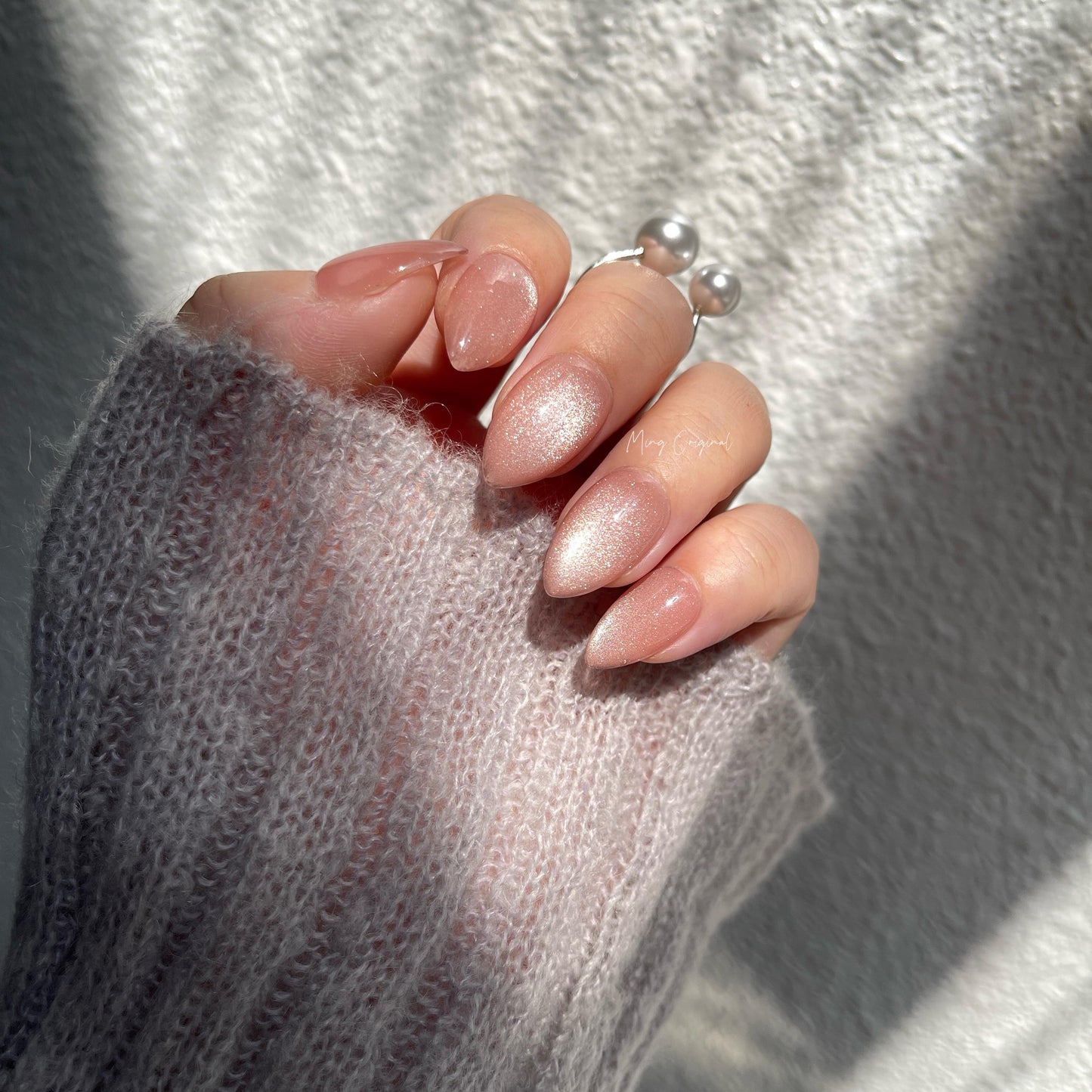 Simple natural look nude pink cat eye, magnetic cat eye press on nails, semitransparent reuse nails, glitter fake nail