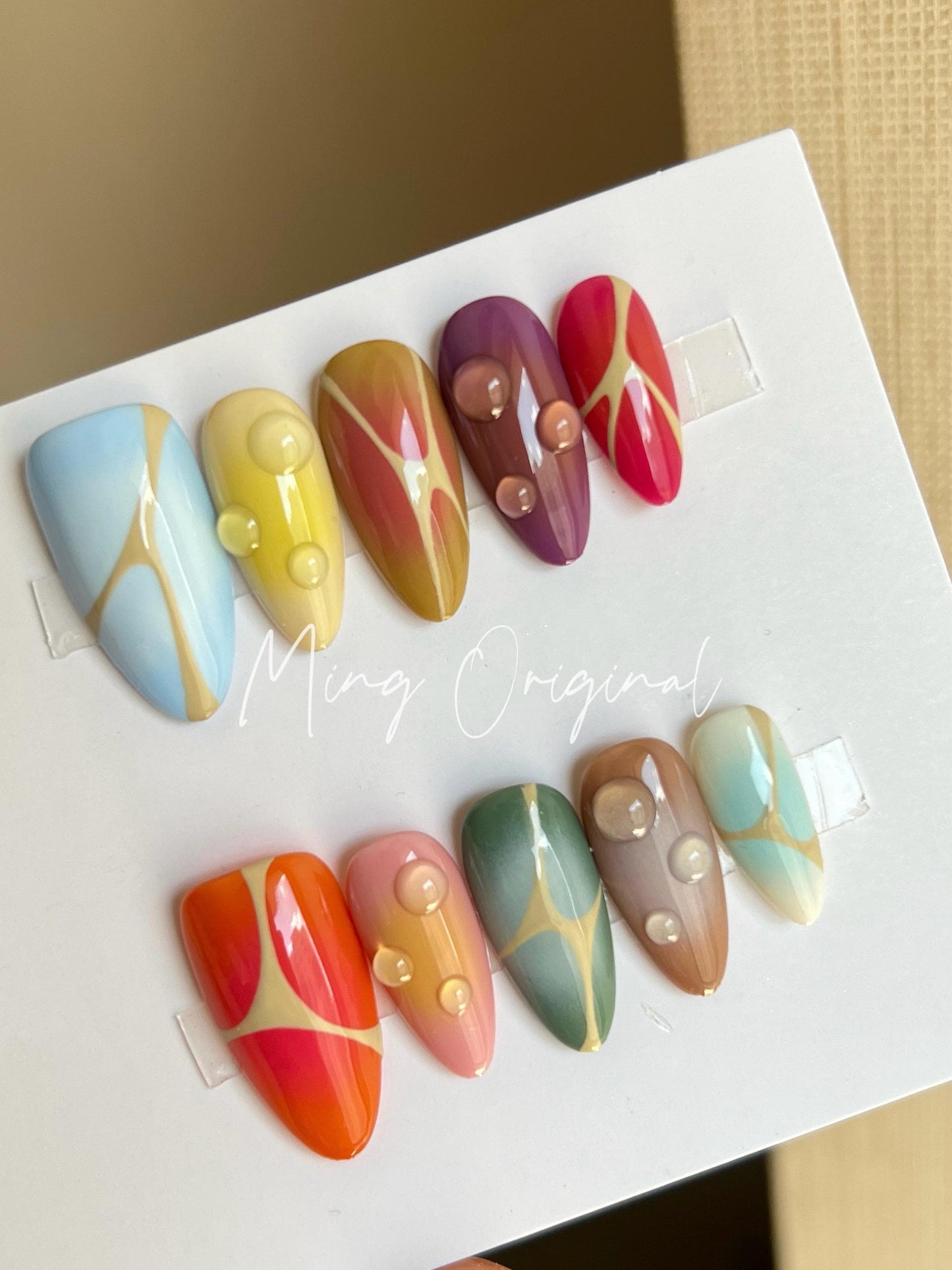 Free style autumn abstract line bubbly color airbrush 3d press on nails, Y2K, ombre color, reuse nails, ,hand painted candy color nail