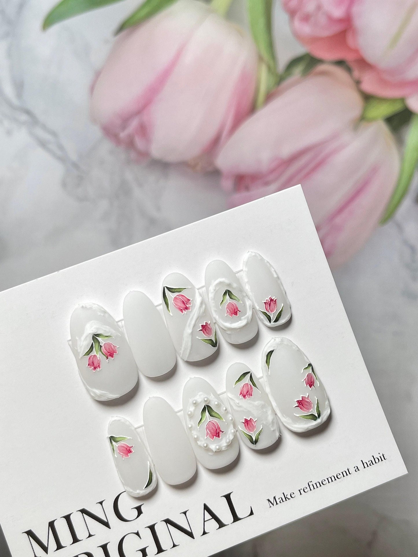 Pink Tulip Flower Milky White 3D Sculpted Pastel Color Acrylic Press on Nails, Fake nails, Nail Artist Faux Gel Nails, Matte Jelly Nail