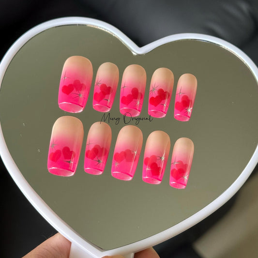 Hot pink sweetheart Press on Nails, hand painted free style silver chrome star glue on Nails, handmade holiday birthday gift for her MO315