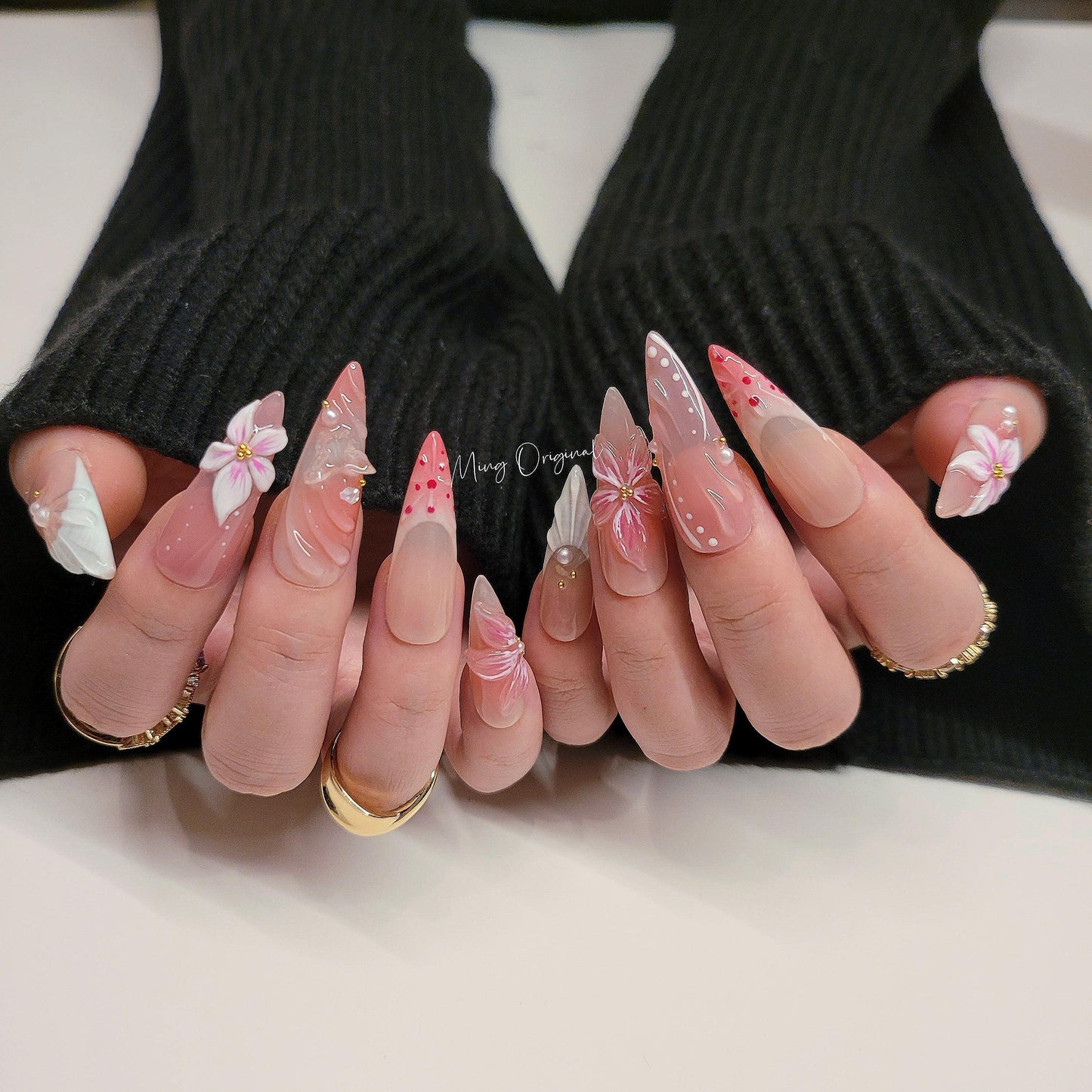Pink 3D sculptured flower Press on Nails, Mermaid Seashell Nails, Clear Orchard Floral Nails, Jelly Nails, glue on nails, MO284