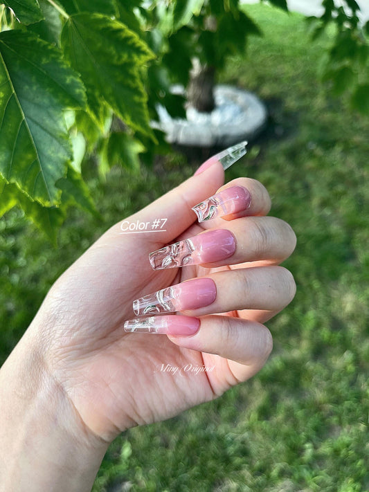 Water encapsulated Ombre Gradient Faded clear Press on Nails, transparent tip nail, Soft Pink 3d Fake nails
