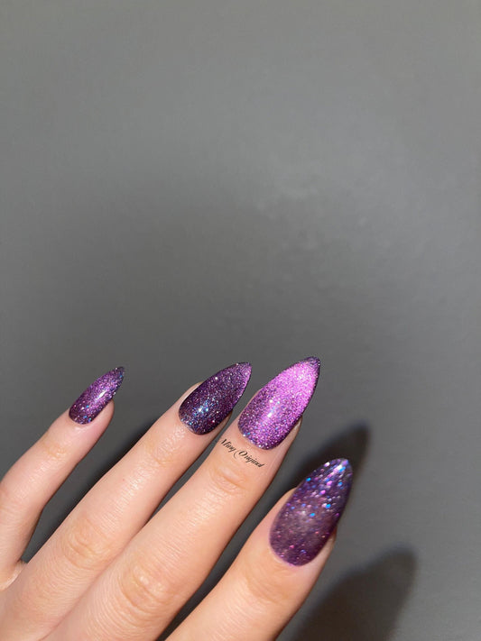 Purple galaxy reflective glitter nail,cat eye press on nails, glue on nails, reuse nails, jelly fake nail, sparkly shine gel nail