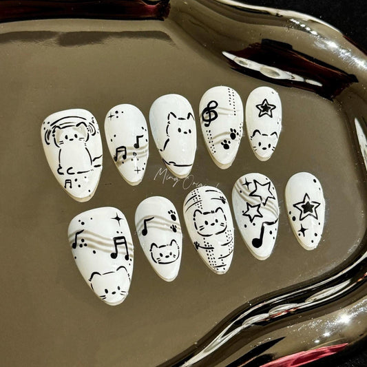 Cute Kitten Rockstar press on nail, hand draw custom nail, kitty lover fake nail, gift for her,MO246