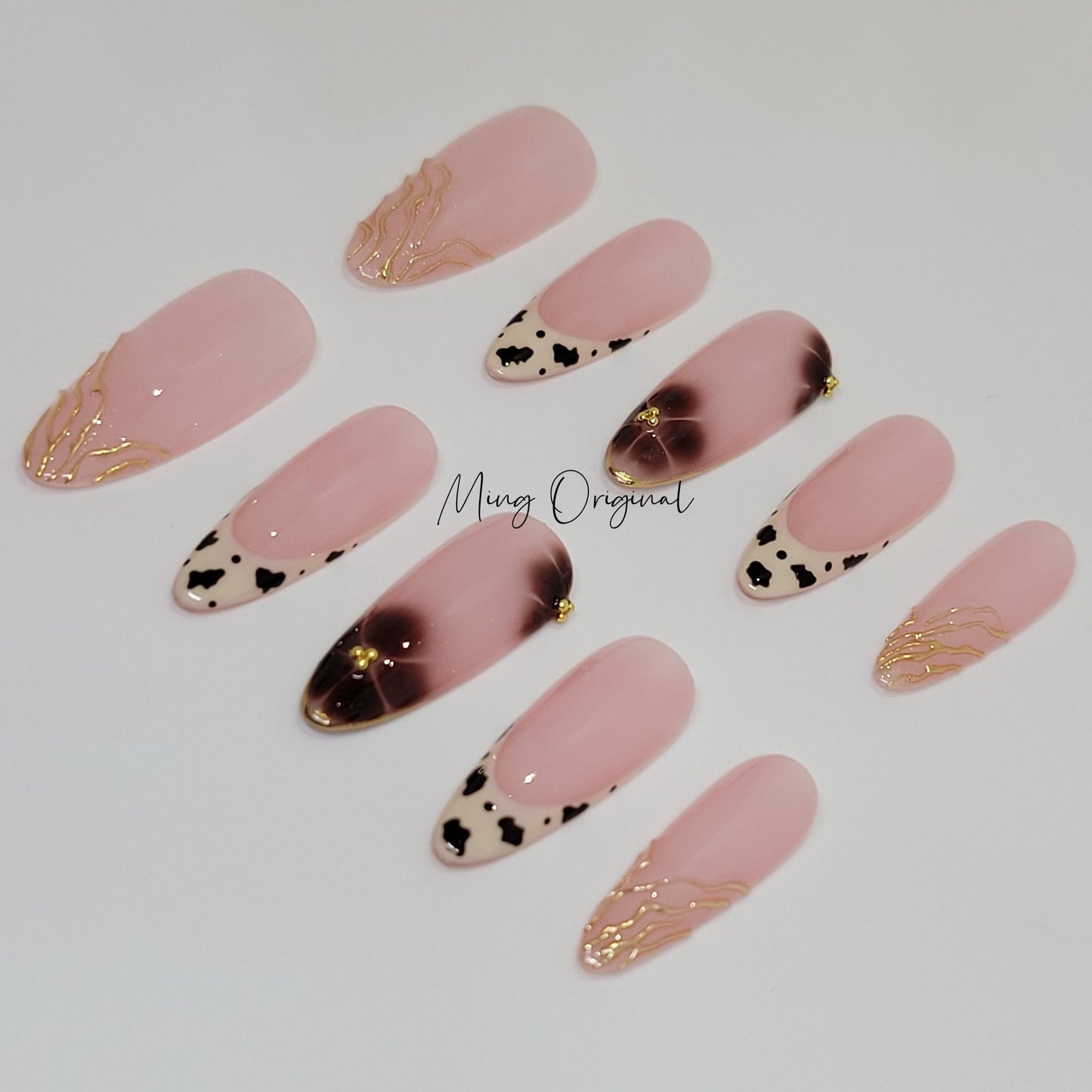 Soft Simple Autumn Brown flower press on Nail, leopard animal print French tip , gold chrome details, glue on nail, Gifts for Her, MO357