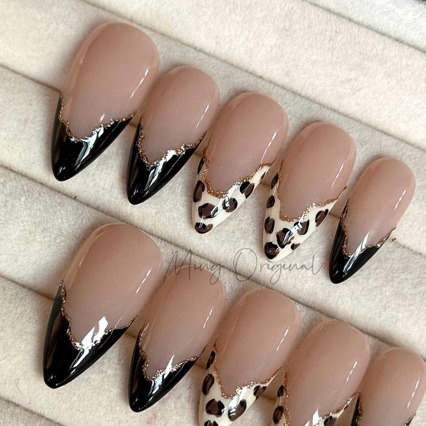 Simple Leopard Gold Line French Tip Press on Nails, animal print fake nails, black French glue on nail, holiday birthday gift for her,MO438