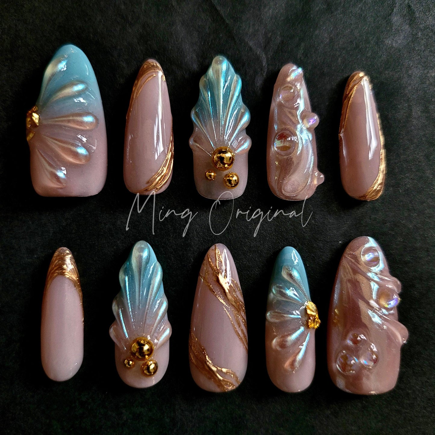 3D Y2K Pearlescent Aurora Blue Mermaid press on nails, Chrome Nail, Aura pearl reusable nail, jelly fake nail