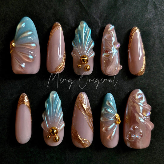 3D Y2K Pearlescent Aurora Blue Mermaid press on nails, Chrome Nail, Aura pearl reusable nail, jelly fake nail