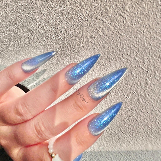 Blue Galaxy light blue cat eye press on nails, blue glittery reuse nails, jelly fake nail, sparkly nail, valentine gift for her,MO379