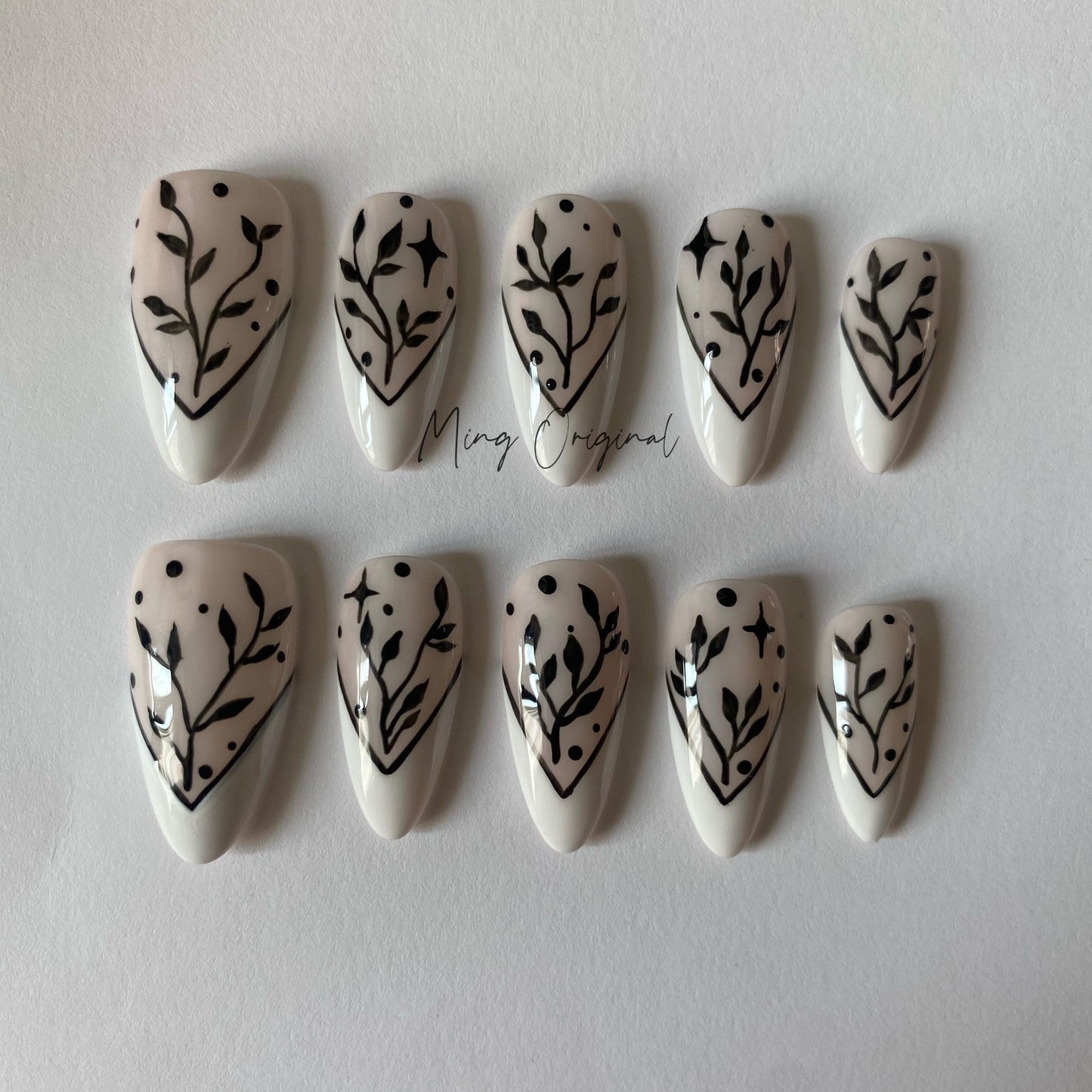 Black Leaf Artistic French Tip Nail , witchy handpainted press on nails, Holiday Fake Nails, Gifts for Her