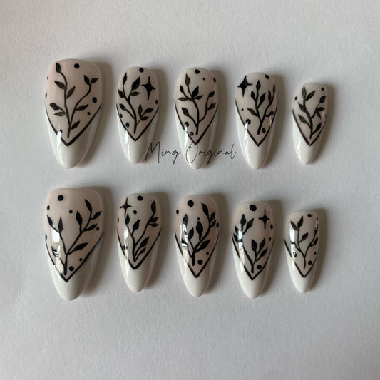 Black Leaf Artistic French Tip Nail , witchy handpainted press on nails, Holiday Fake Nails, Gifts for Her