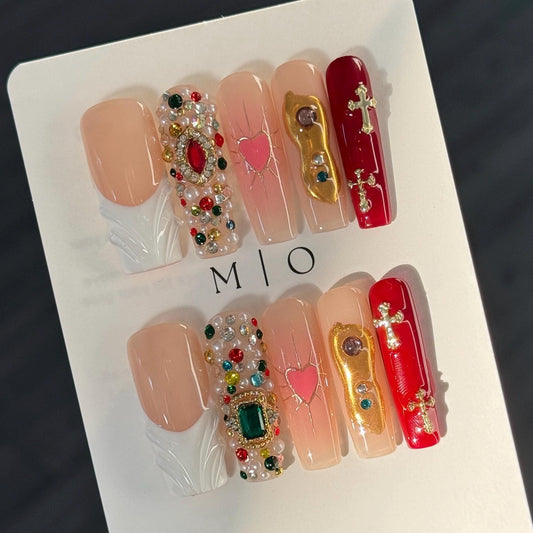 Luxury Bejeweled Custom Press on Nails, Pink Heart Gold Chrome free style multicolor rhinestone pearl handmade Nails, Vacation Nail MO463