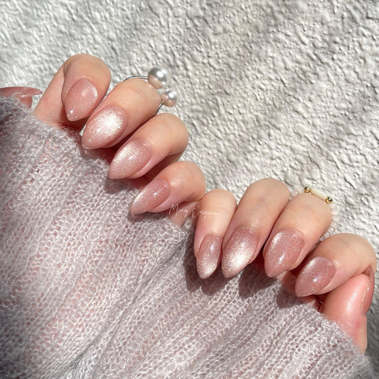Simple natural look nude pink cat eye, magnetic cat eye press on nails, semitransparent reuse nails, glitter fake nail