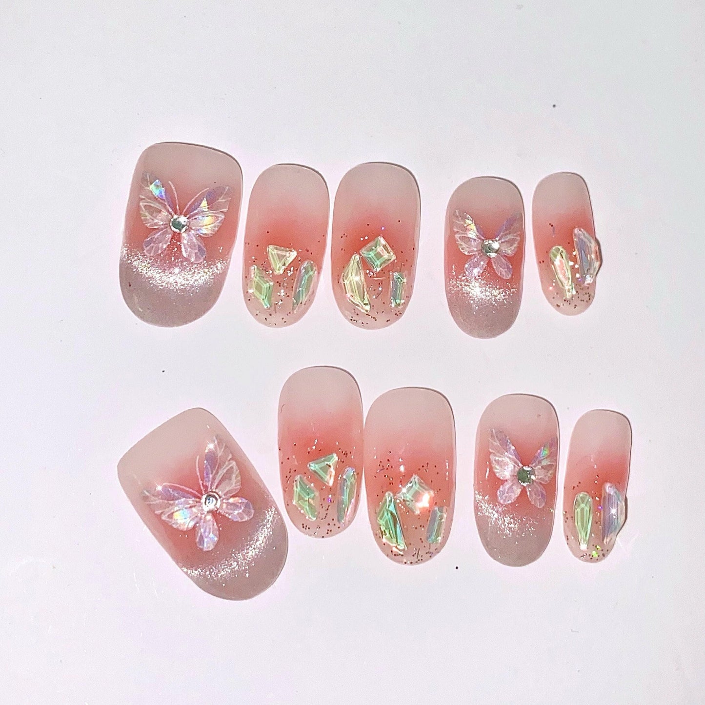 Butterfly press on art nail, french cat eye nails, blush nail, aura gem nail, glittery Handmade jelly nail