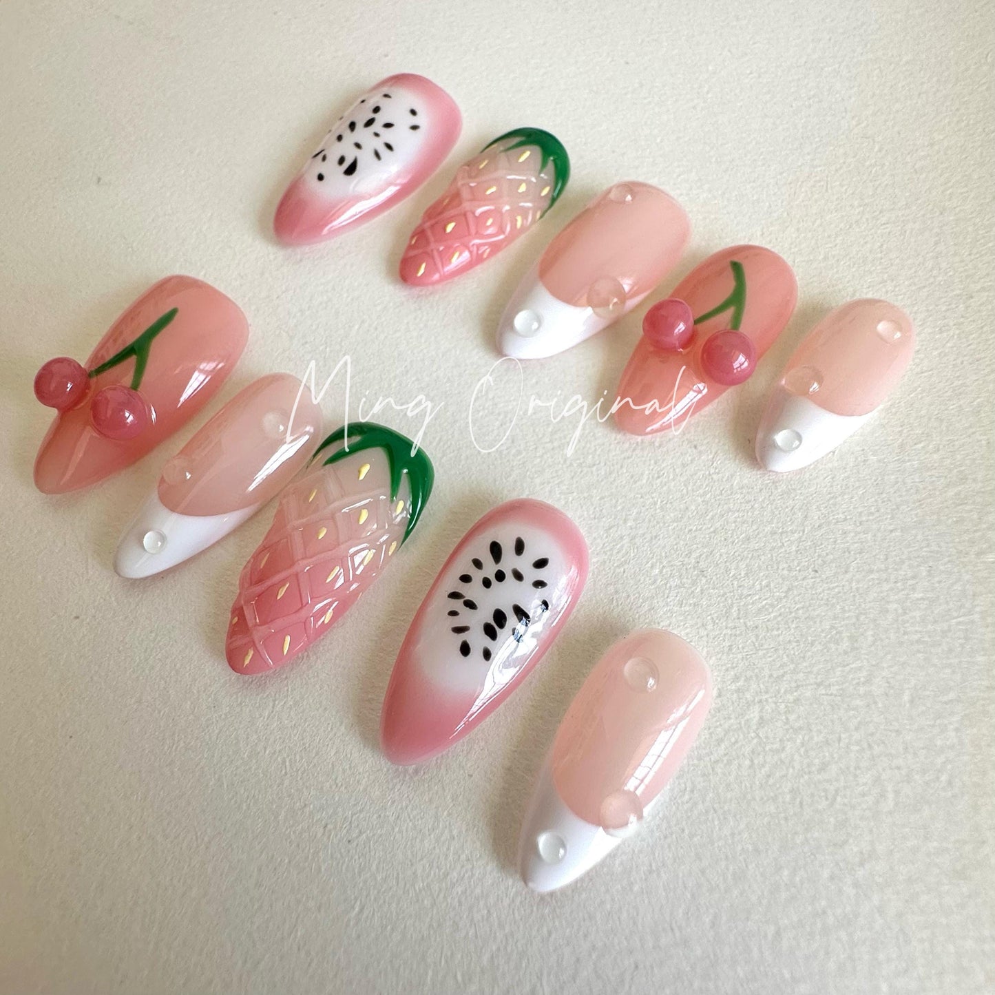 Summer Pink Cherry Fruit Lover press on nails,Fresh Look Candy Color Gifts for Her, strawberry Kiwi Watermelon