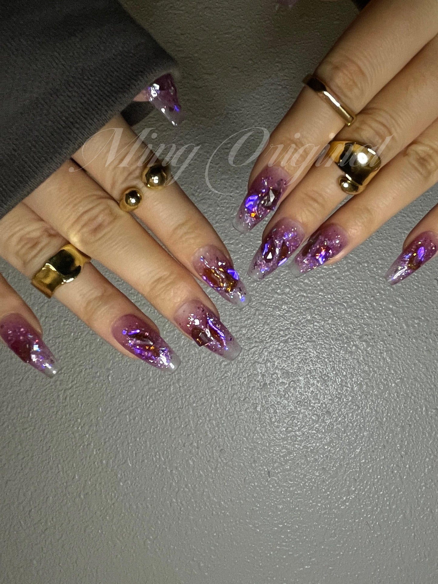 Purple Aurora gem crystal holographic glittery Nail press on, Fake nails, ombre Handmade Gel Nails, jelly Nails