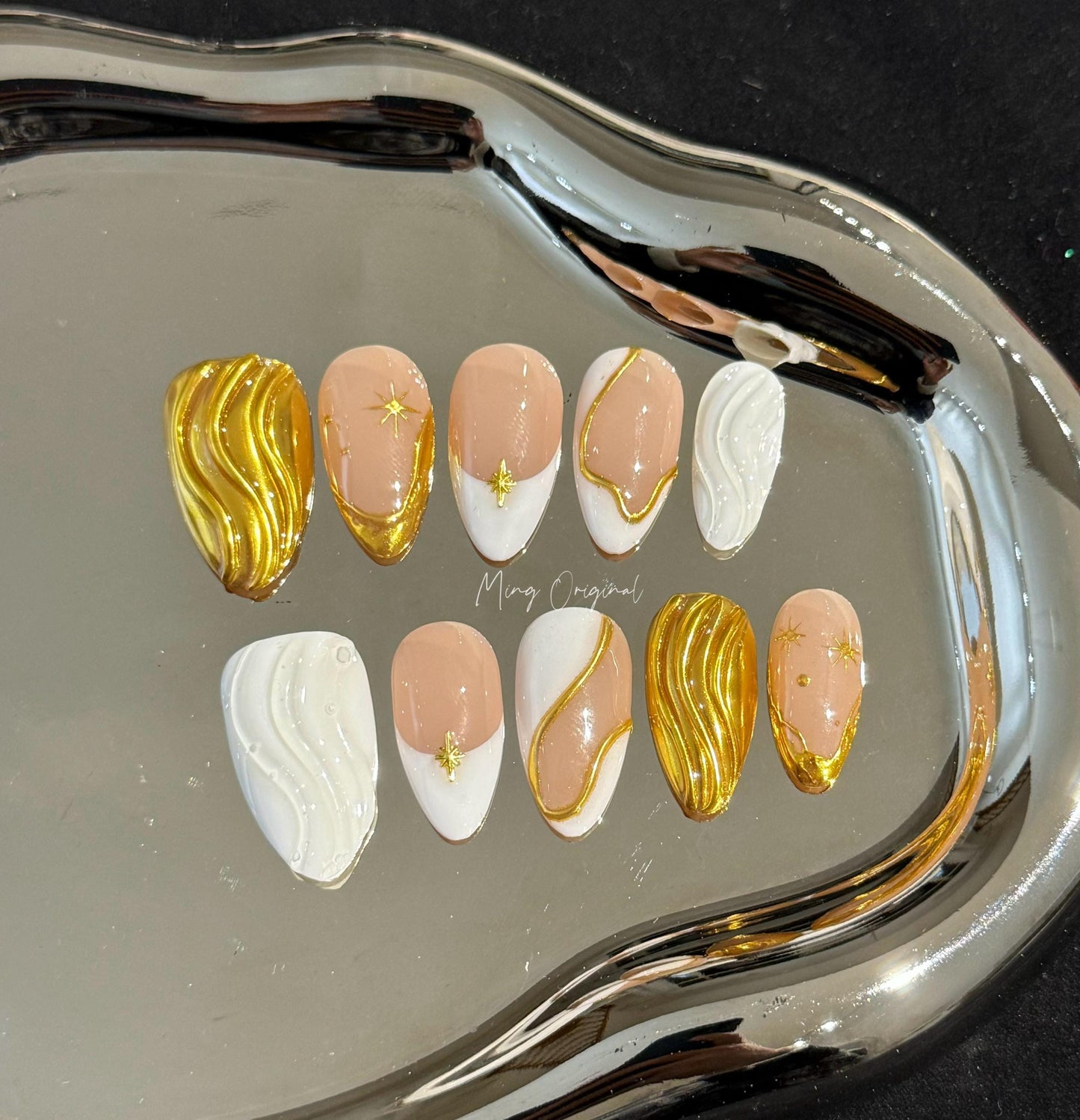 White and Gold press on nails,  3d chrome mirror star reusable nail, french tip nail, jelly fake nail, gift for her