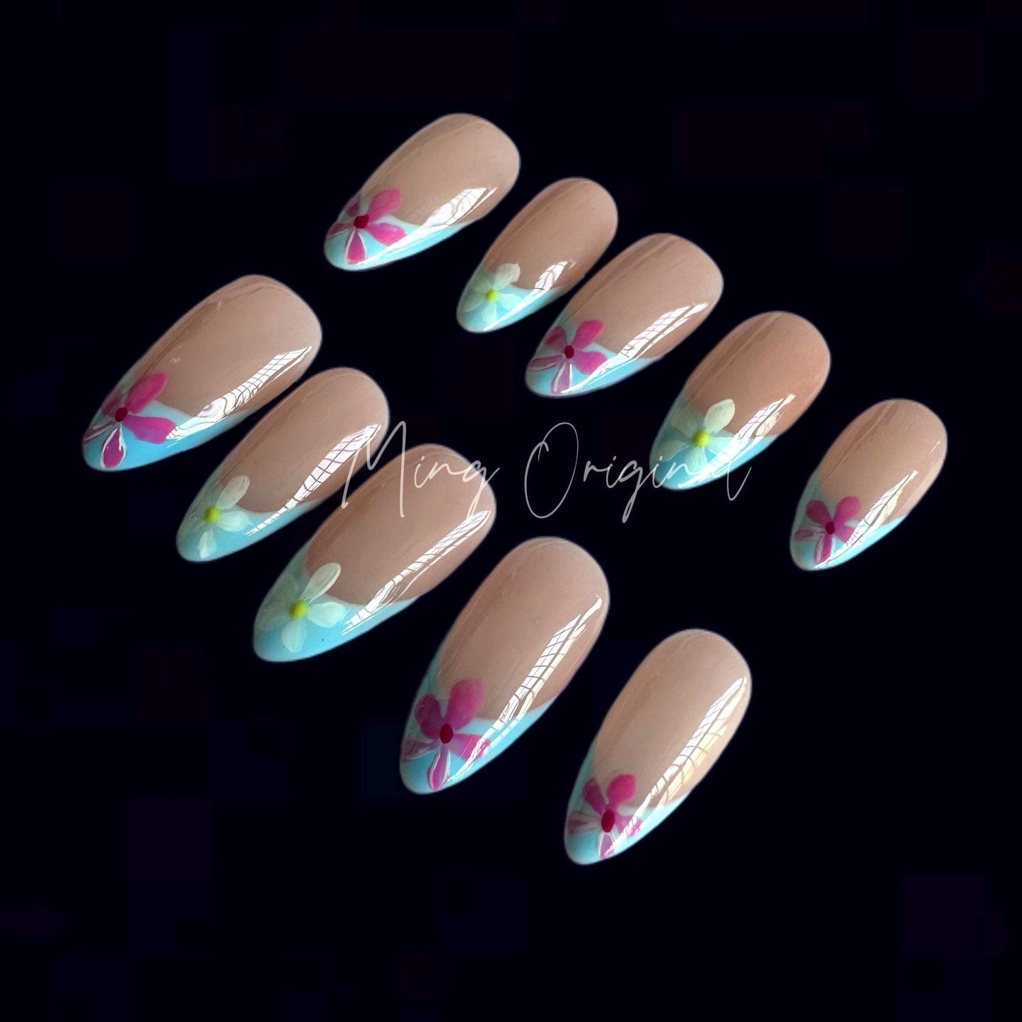 Blue French tip, hand painted wild flower Press on Nails, summer nail, gift for her