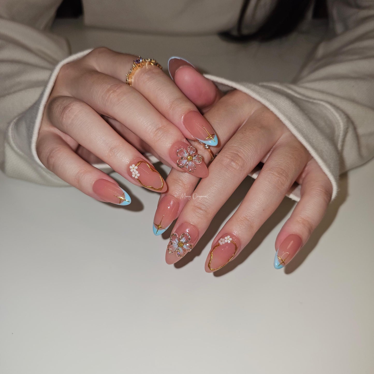 Candy color French tip, hand painted cute 3d jelly flower Press on Nails, gold star, gift for her